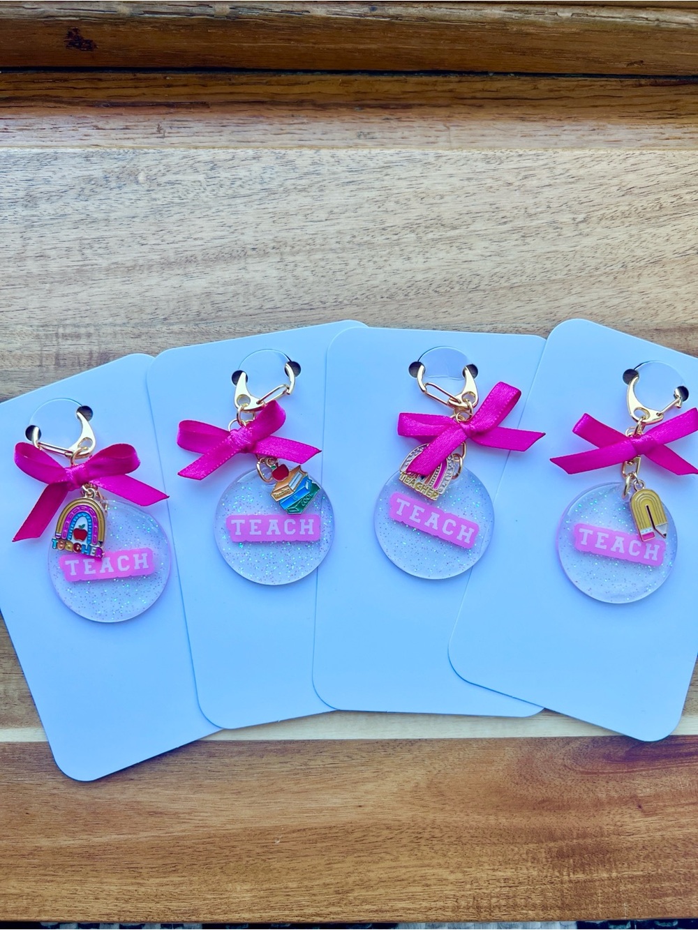 Pink 'Teach' Keychain with Ribbon and Charm -Handmade